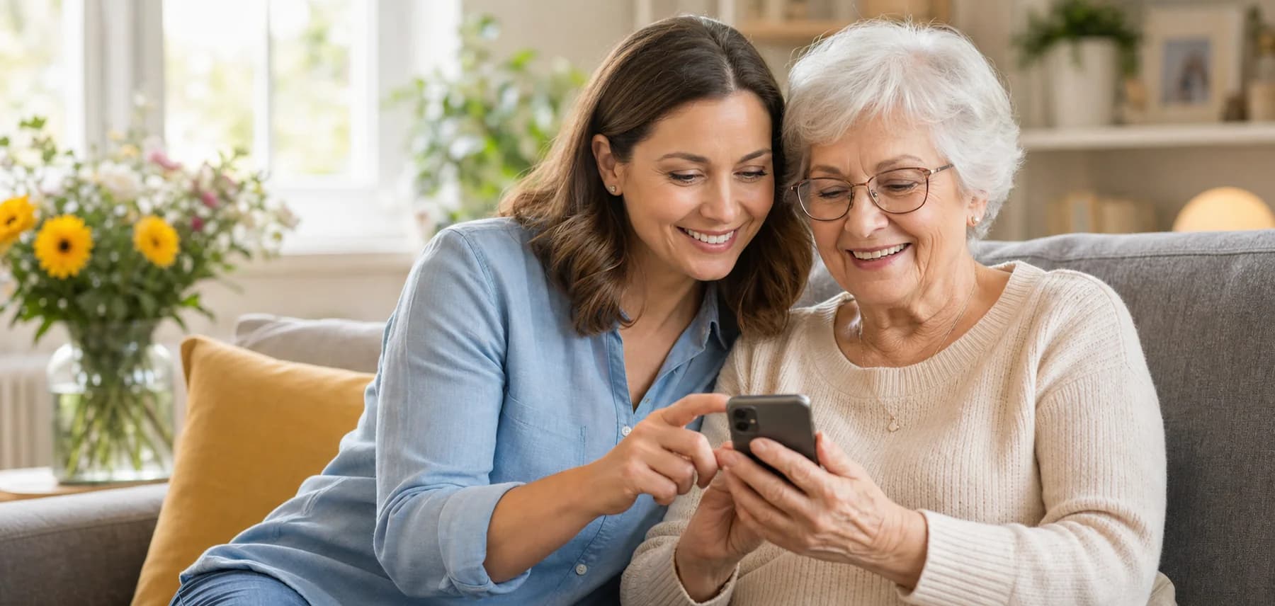 Adult daughter helping her senior mother use the Golden Nest app on a phone